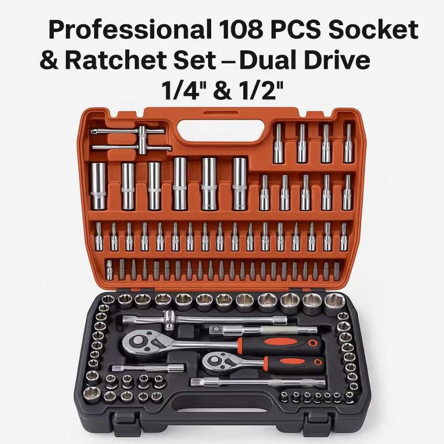 108PCS 1/2” & 1/4” Drive Socket Set with Ratchet Handle and Accessories